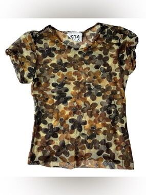 VINTAGE 579 BROWN SHEER FLOWER TOP SMALL WOMENS